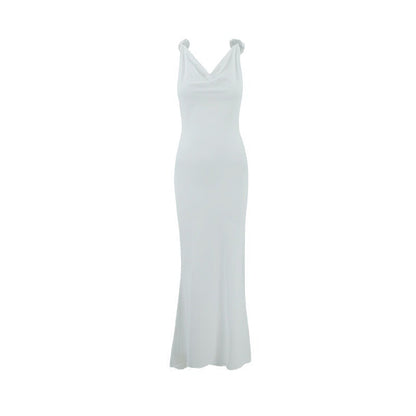 Women Slim Fit Sexy Evening Dress Deep V Plunge neck Backless Floral Decorative Shoulder Strap Fishtail Dress