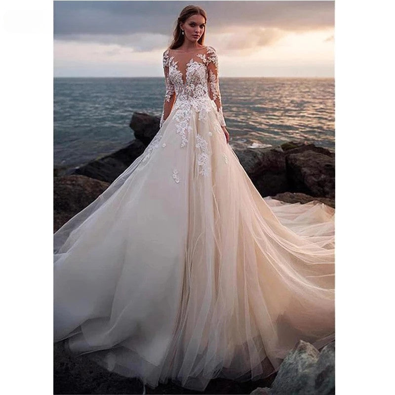Lace Appliqued Bridal Gown For Women Illusion Long Sleeves Beach Wedding Dress Light Champagne Robe De Mariée Bride Dresses-payinti