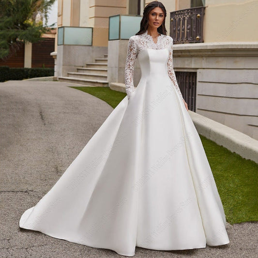 Satin Lace Ball Gowns For Bridal Appliques Full Sleeves Wedding Dresses Vestidos De Noiva Mariage Princess Custom Made-payinti
