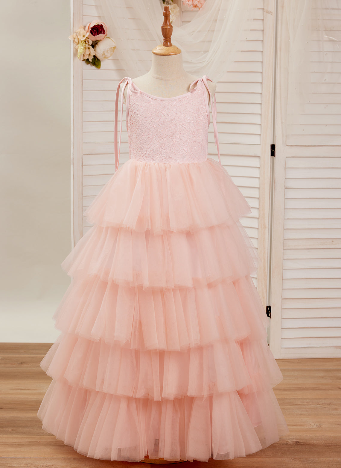 A-Linie Spitze Tüll Bodenlang Rosa Kleid (010220942) 