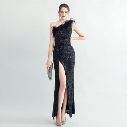 Hand Nailed Ostrich Feather Off Shoulder Sequined Evening Dress with Roman Collar