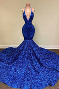 Vestido de fiesta de sirena con escote en V profundo, lentejuelas y flores
