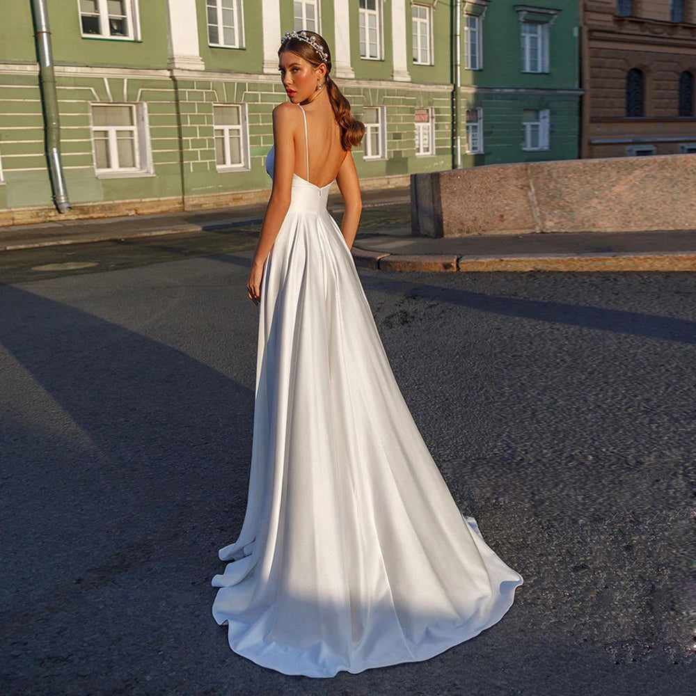 Wedding Dress Sexy Spaghetti Straps V Neck Backless Satin Bridal Gown Sweep Train Vestidos De Novia Marriage Dresses LO2066-payinti
