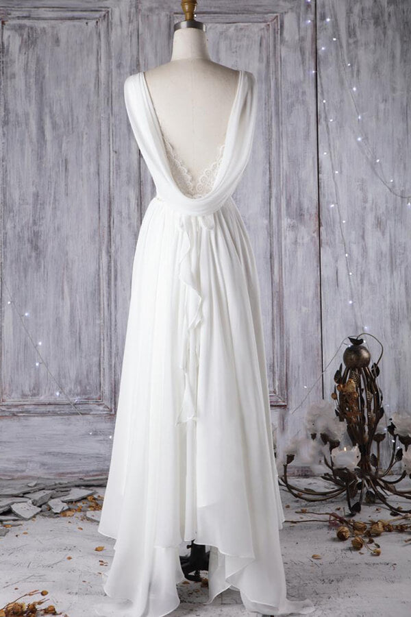 Erschwingliches A-Linien-Brautkleid mit asymmetrischer Spitze und offenem Rücken aus Chiffon
