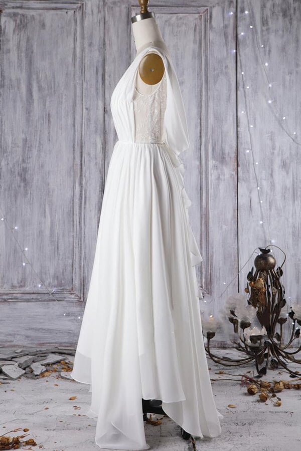 Vestido de novia asequible de gasa con encaje asimétrico y espalda abierta