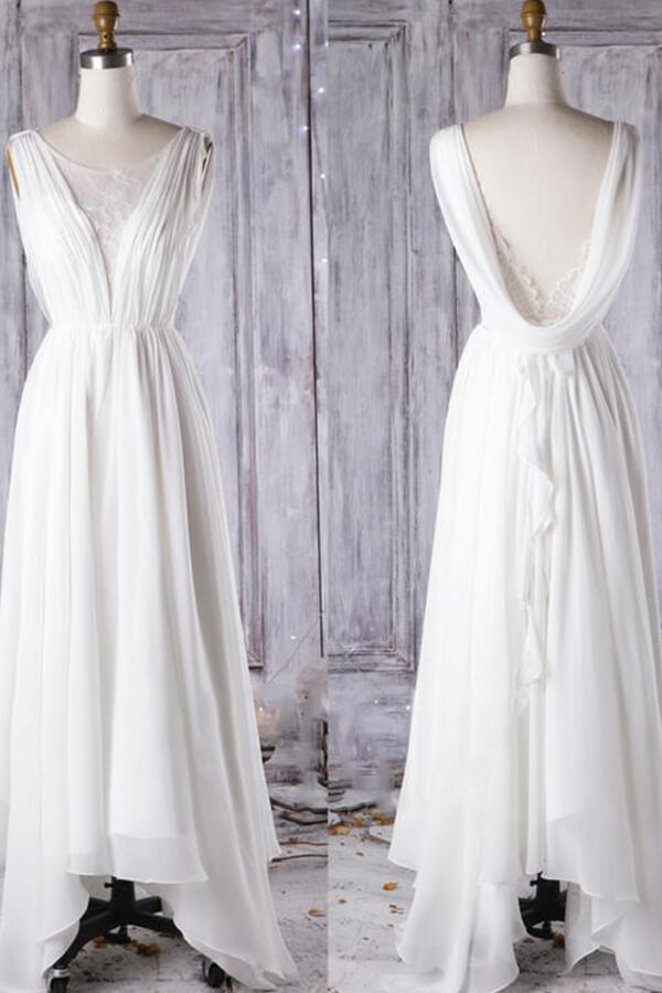 Erschwingliches A-Linien-Brautkleid mit asymmetrischer Spitze und offenem Rücken aus Chiffon