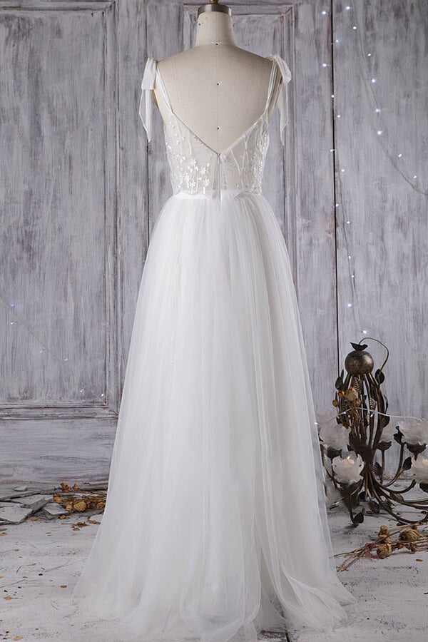Vestido de novia asequible, largo, corte A, escote en forma de corazón, tul, encaje y espalda descubierta