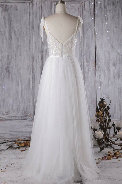 Vestido de novia asequible, largo, corte A, escote en forma de corazón, tul, encaje y espalda descubierta