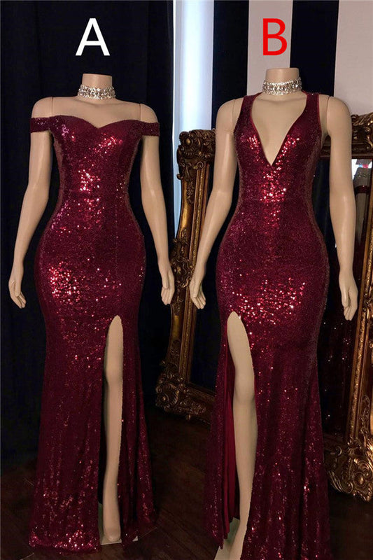 Vestido de fiesta asequible de sirena larga con hombros descubiertos, lentejuelas y abertura