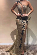 Erschwingliches langes Meerjungfrau-Ballkleid mit einer Schulter, Applikationen und Spitze und Ärmeln