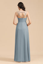 Affordable V-Neck Ruffle Dusty Blue Chiffon Bridesmaid Dresses