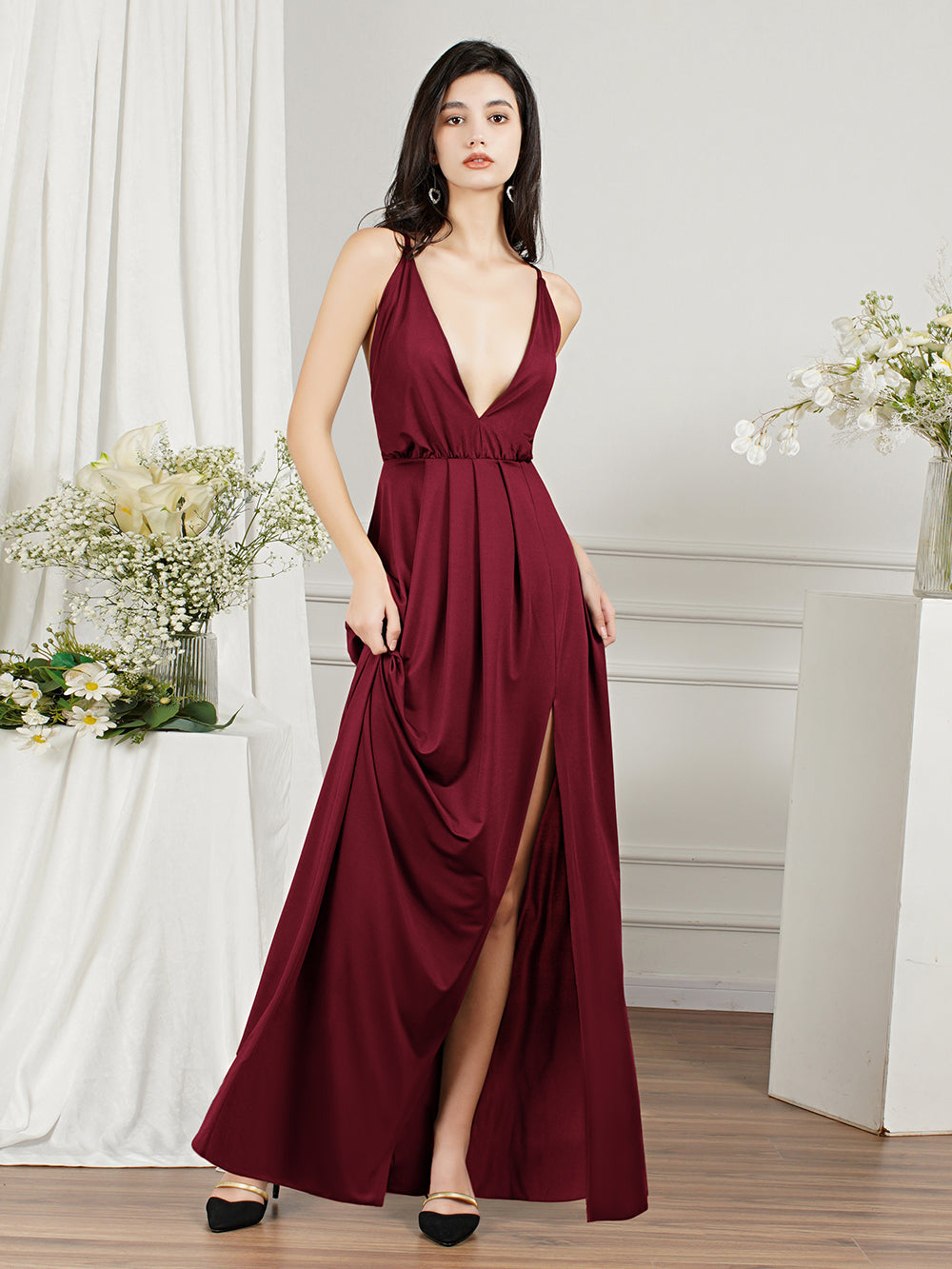 Vestidos de dama de honor de gasa con tirantes y escote en V asequibles