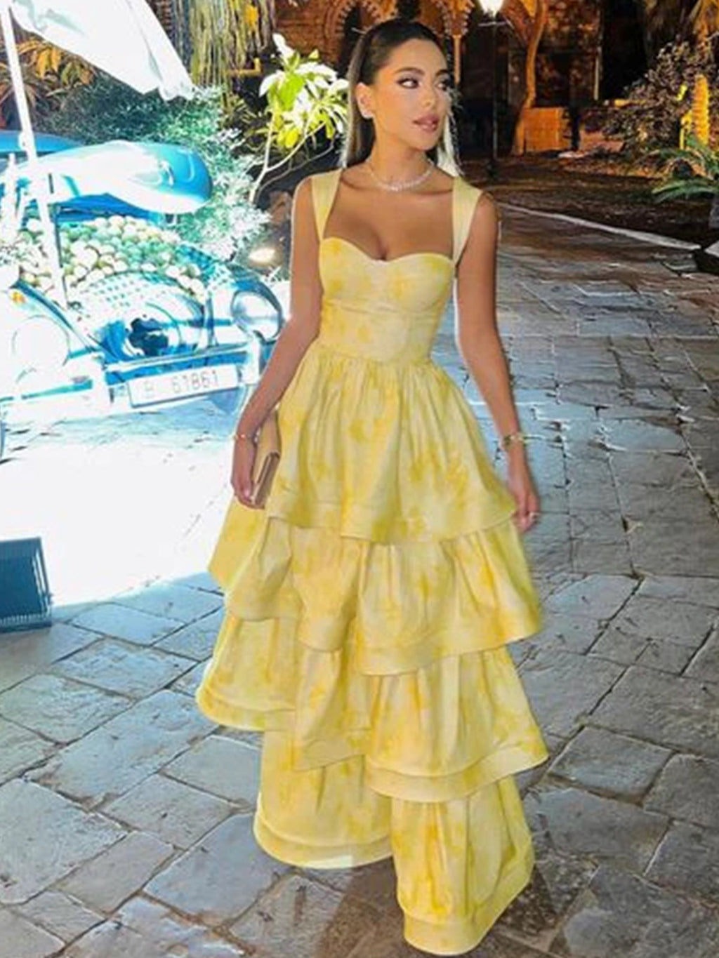 Alivia | Langes Party-Ballkleid in Pastellgelb mit Rüschen und Stufen in A-Linie