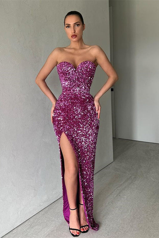 Vestidos de fiesta con escote en forma de corazón, aberturas laterales y lentejuelas brillantes