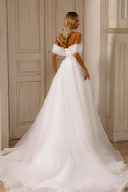 Wunderschönes schulterfreies, ärmelloses weißes Brautkleid in A-Linie aus Chiffon-Tüll mit Schlitz vorne