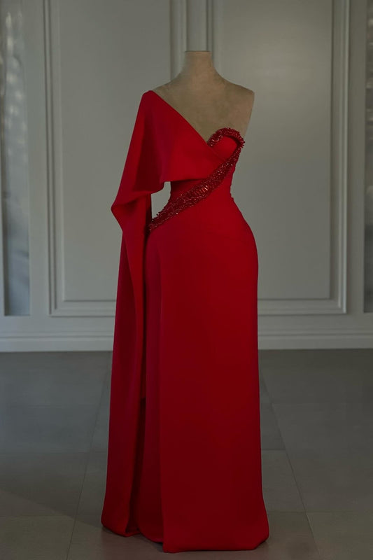 Increíble vestido de fiesta rojo de gasa con un solo hombro y mangas cortas con pedrería
