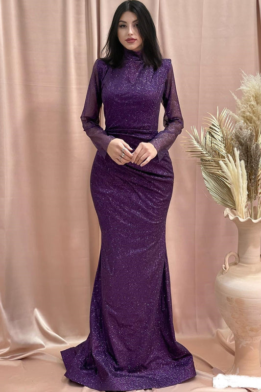 Increíbles vestidos de fiesta de satén con lentejuelas, cuello alto y manga larga.
