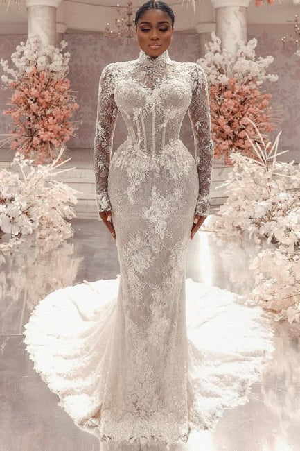 Increíble vestido de novia largo blanco de manga larga con cuello alto y encaje de columna y apliques en la cola