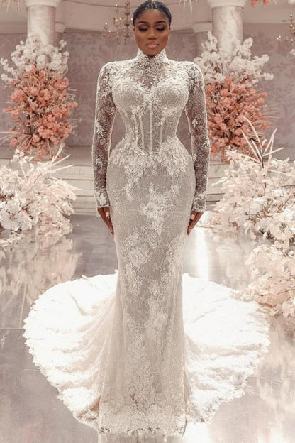 Increíble vestido de novia largo blanco de manga larga con cuello alto y encaje de columna y apliques en la cola