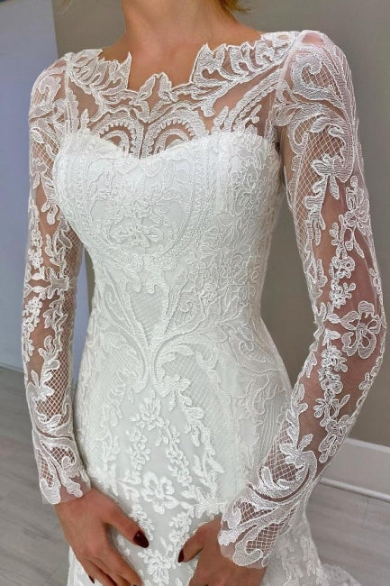 Erstaunliche säulenförmige weiße Brautkleider mit langen Ärmeln und Spitzen