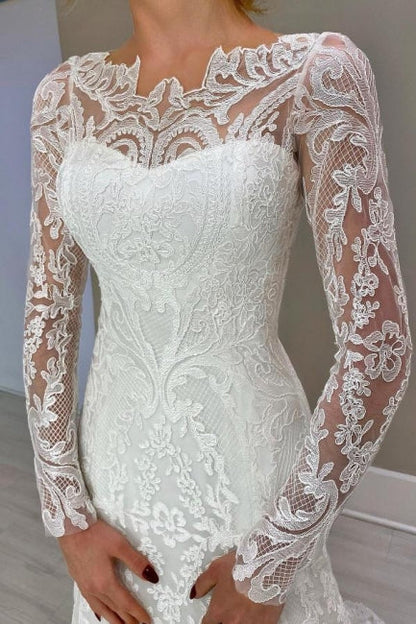 Amazing Column Lace Long Sleeve White Wedding Dresses With Appliques