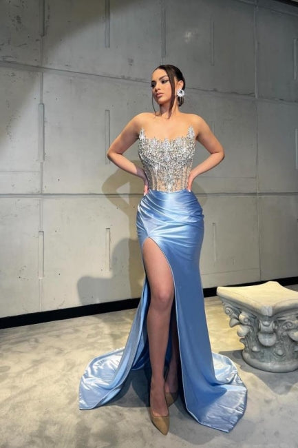 Increíble vestido de fiesta sin mangas de encaje satinado con columna y abertura