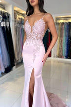 Impresionantes vestidos de fiesta de satén con encaje, escote en V, sin mangas y abertura frontal