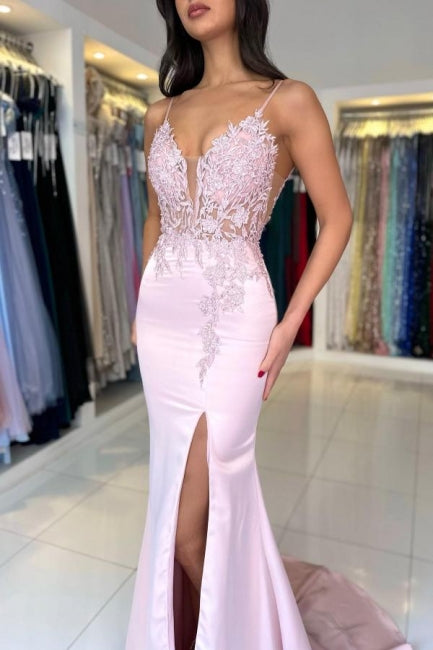 Impresionantes vestidos de fiesta de satén con encaje, escote en V, sin mangas y abertura frontal