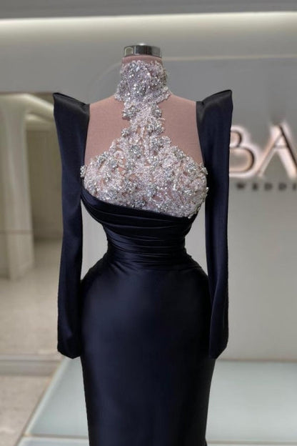 Erstaunliche säulenförmige Satin-Ballkleider mit langen Ärmeln in Schwarz und Strass-Schleppe