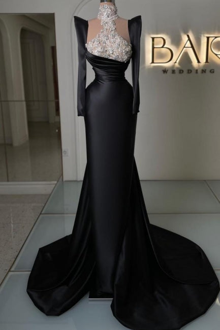 Impresionante vestido de fiesta negro de manga larga en satén con columna y cola de diamantes de imitación