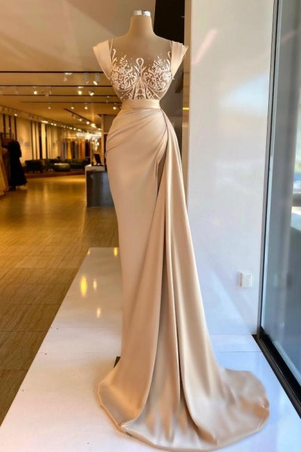 Increíble vestido de fiesta sin mangas de satén con columna, encaje y perlas