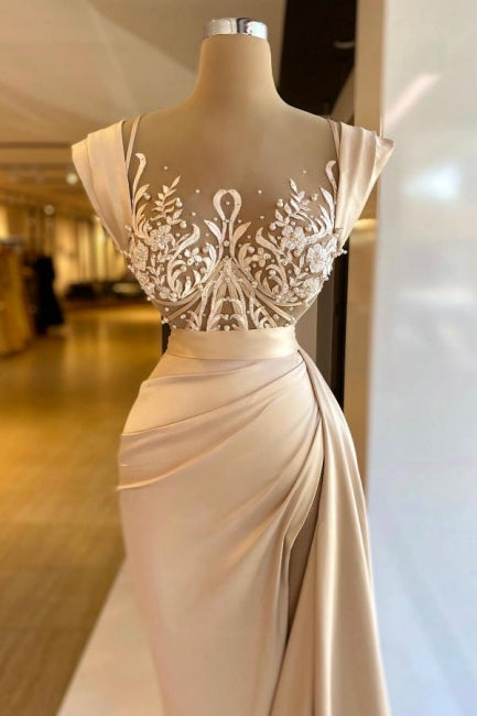 Increíble vestido de fiesta sin mangas de satén con columna, encaje y perlas
