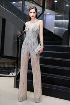 Erstaunlicher Illusion High Neck Durchsichtiger Party-Jumpsuit Ärmellos Ballkleidung