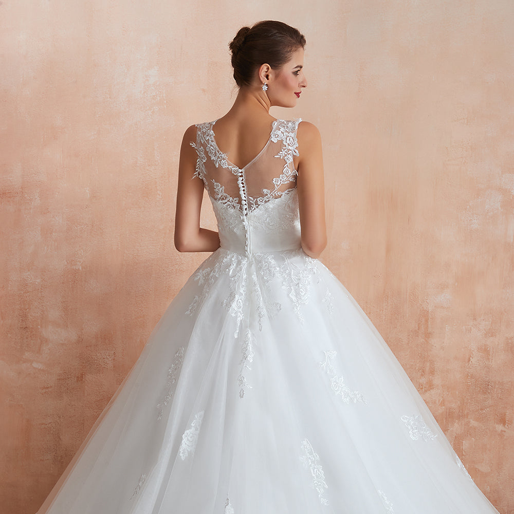 Increíble vestido de novia largo de tul con apliques de encaje y corte A
