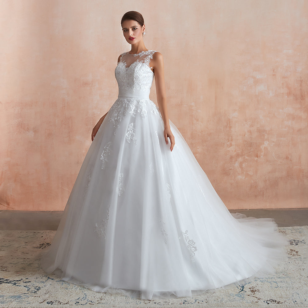 Increíble vestido de novia largo de tul con apliques de encaje y corte A