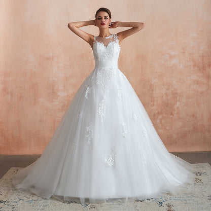 Increíble vestido de novia largo de tul con apliques de encaje y corte A
