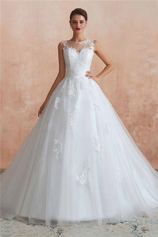 Increíble vestido de novia largo de tul con apliques de encaje y corte A