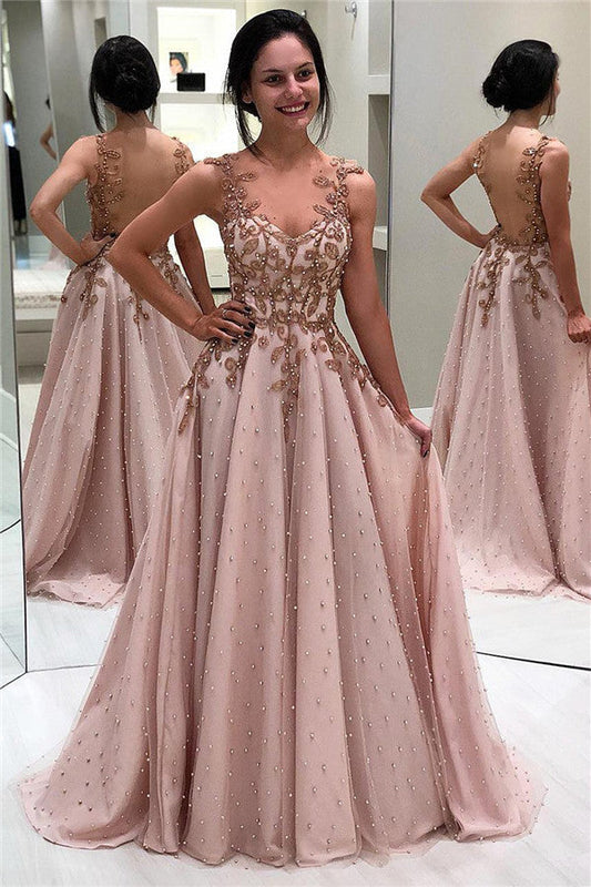 Increíble vestido formal de noche largo en forma de A con espalda descubierta y cuentas
