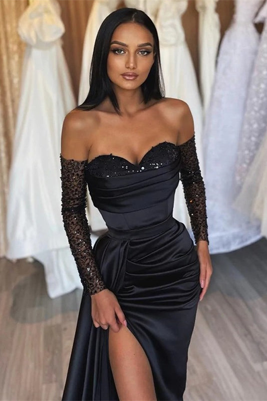Increíble vestido de fiesta largo negro de sirena con abertura frontal y lentejuelas
