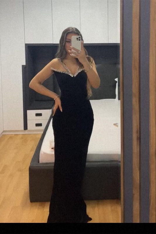Increíble vestido de fiesta largo negro sin mangas de terciopelo estilo sirena con cristales
