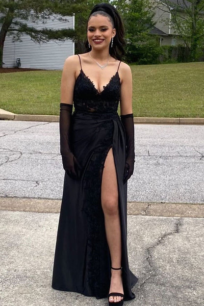 Increíble vestido de fiesta largo negro con escote en V, tirantes finos, encaje, sin mangas y abertura