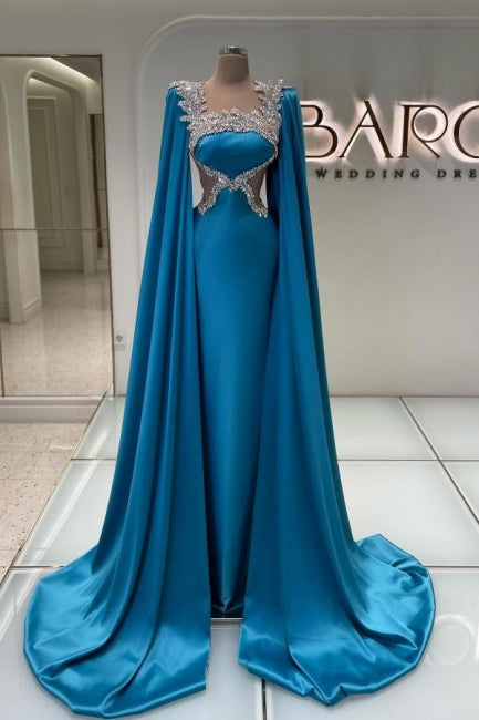 Increíble vestido de fiesta largo de satén azul con pedrería, vestido de noche de diseñador.