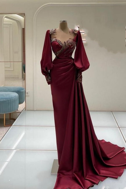 Impresionantes vestidos de fiesta largos de sirena burdeos con encaje y cuentas, con mangas largas