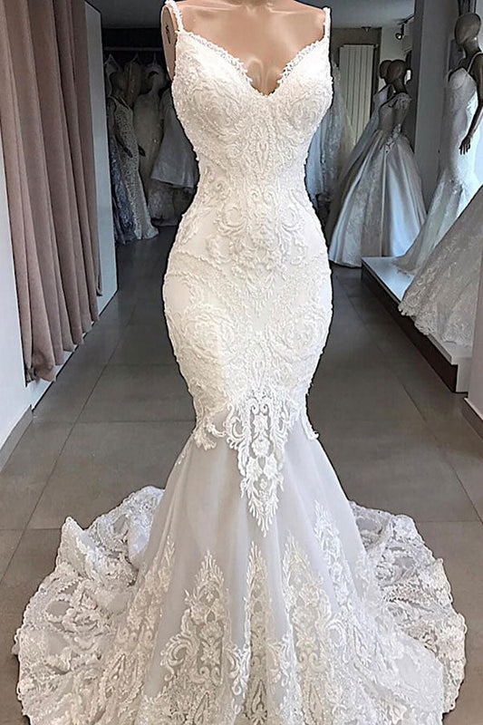 Increíble vestido de novia largo de sirena con apliques de tul y espalda descubierta