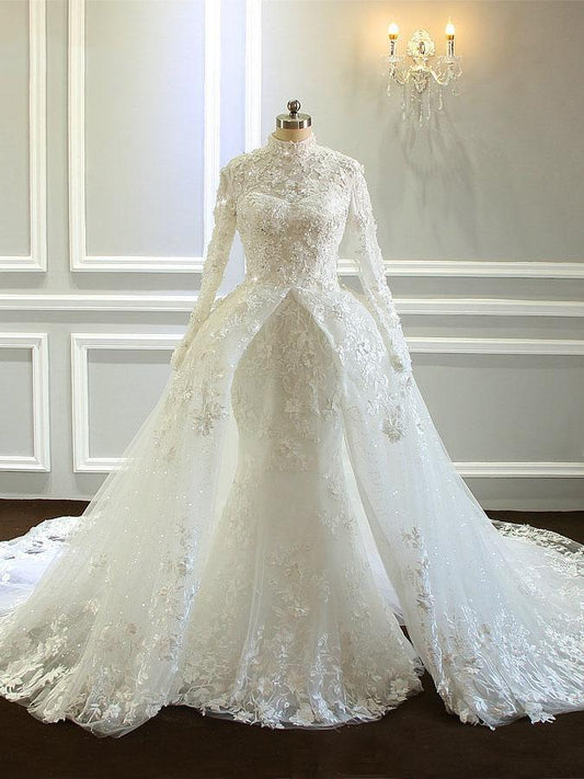 Impresionantes vestidos de novia de tul con encaje, cuello alto y corte sirena largo con mangas