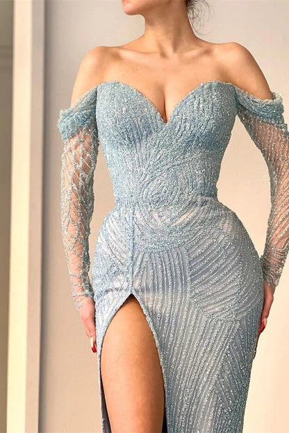 Erstaunliches langes Meerjungfrau-Ballkleid mit schulterfreiem Schlitz, Spitze und Pailletten und langen Ärmeln