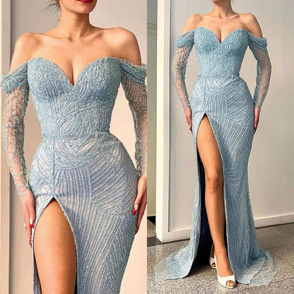 Erstaunliches langes Meerjungfrau-Ballkleid mit schulterfreiem Schlitz, Spitze und Pailletten und langen Ärmeln