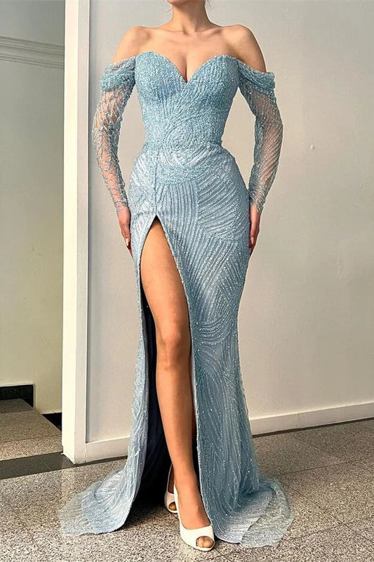 Increíble vestido de fiesta largo de sirena con hombros descubiertos, encaje dividido y lentejuelas con mangas largas