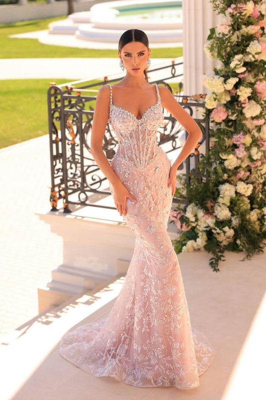 Increíble vestido de fiesta largo de sirena con tirantes finos, encaje y cuentas, sin mangas