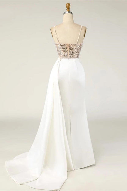 Impresionantes vestidos de fiesta formales de satén con lentejuelas y perlas, largos y sin tirantes, de corte sirena